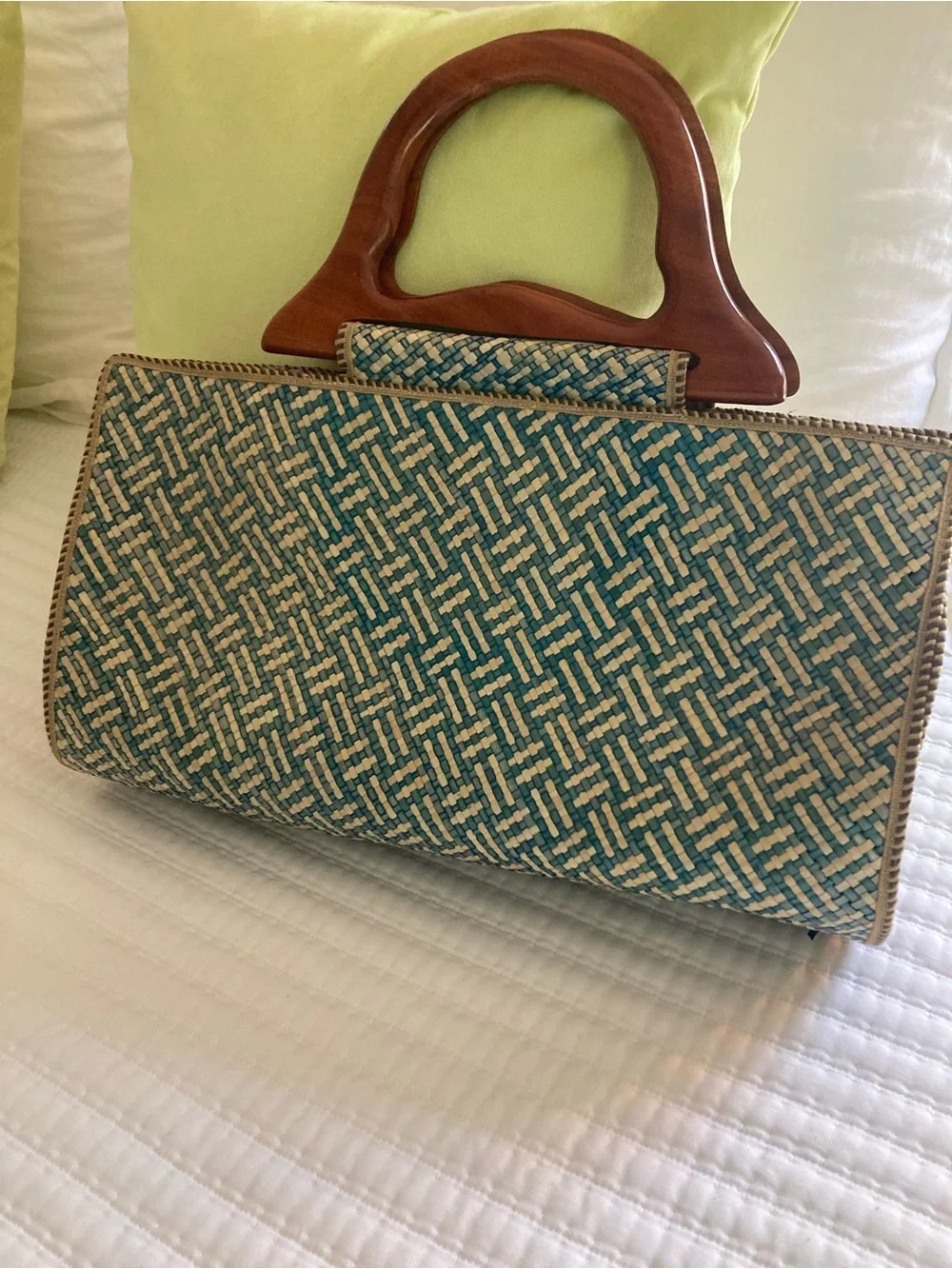 Vintage Teal and Natural Woven Clutch with Wooden Handles